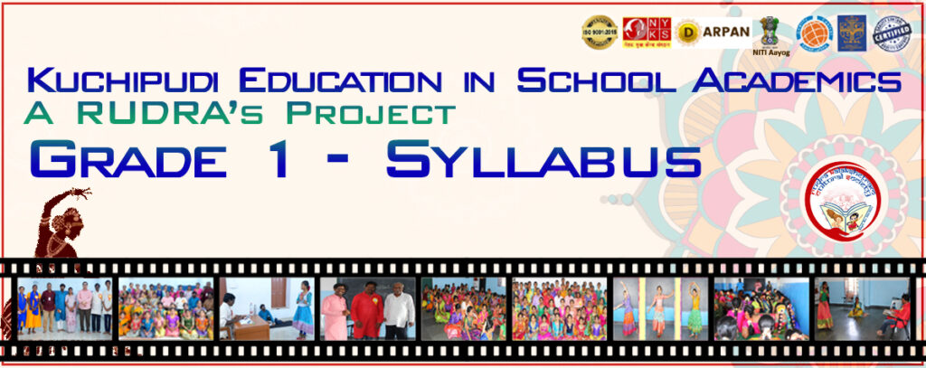 "Banner promoting Rudra Kalakshetram’s Kuchipudi education project for schools, featuring 'Grade 1 - Syllabus' announcement with student activity photos and certification logos."